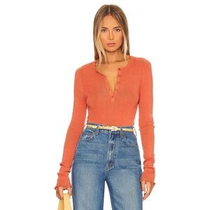 REVOLVE Splendid Layton Henley Top Burnt Orange Ribbed Silk Long Sleeve T Size S